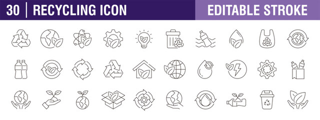 Collection of recycling icons. Trash, used goods, plastic, drink bottles. Vector design template, signs, symbols, editable stroke.