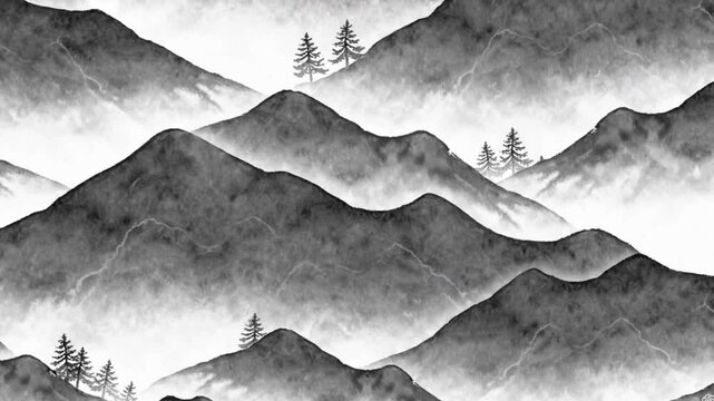 Black and white misty watercolor silhouette mountain with trees