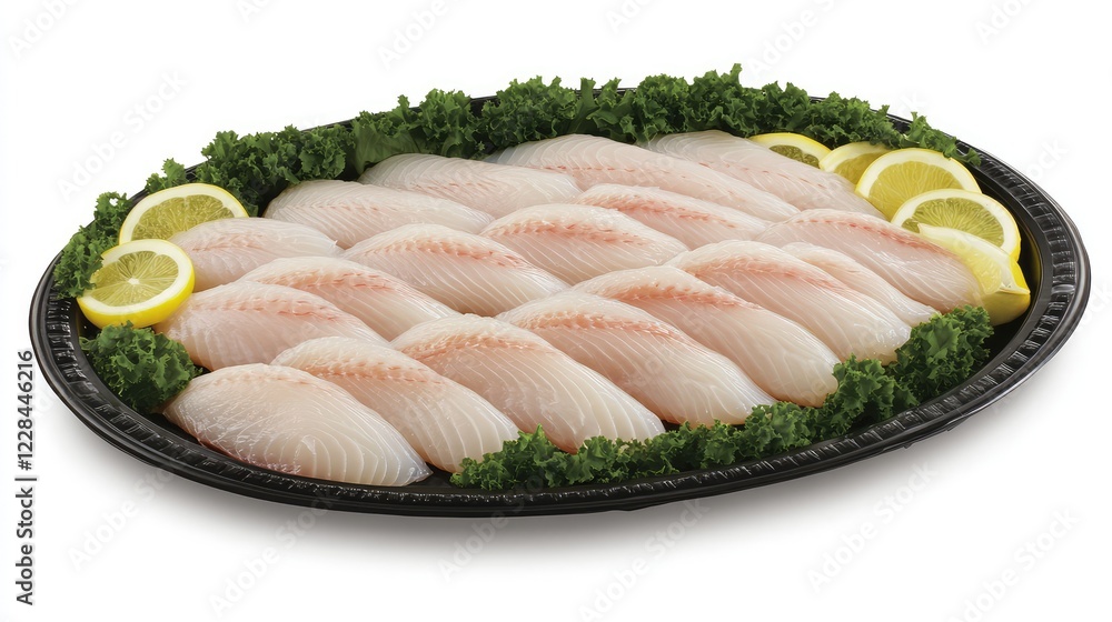 Poster a beautifully arranged platter of raw fish fillets with open space around the edges for easy customi