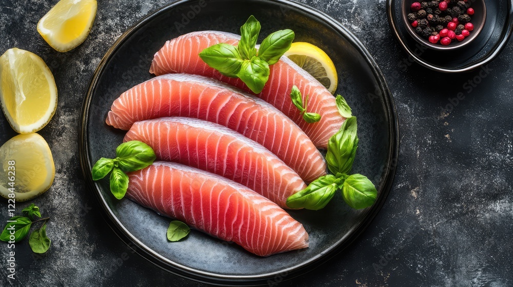 Poster a beautifully arranged platter of raw fish fillets with open space around the edges for easy customi