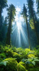 Obraz premium Mystical Forest Scene with Sunlight Filtering Through Tall Trees