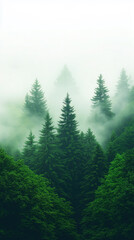 Fototapeta premium Misty Forest Landscape with Pine Trees and Lush Green Foliage