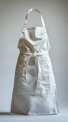 A plain white apron hanging against a neutral background.