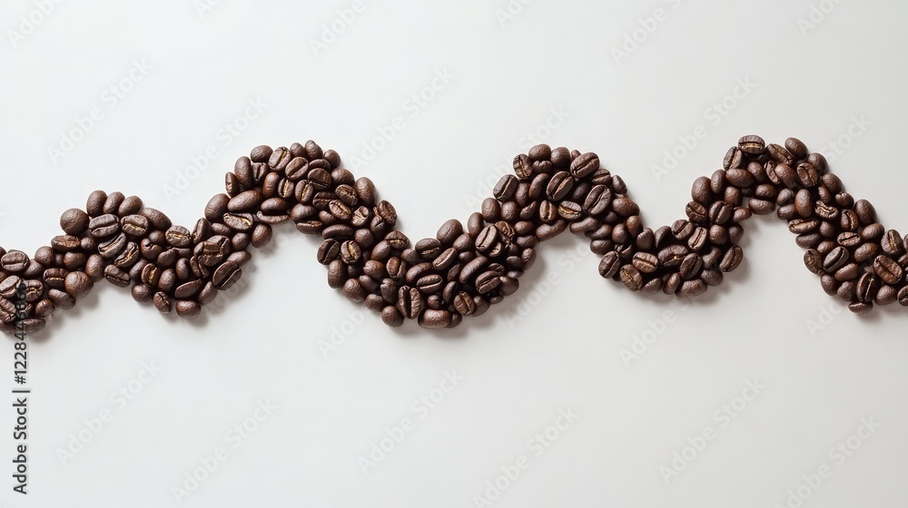 Poster a clean composition of coffee beans on a white surface, arranged in a wave pattern with empty space.
