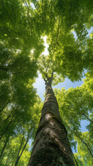 Fototapeta premium Lush Green Tree Canopy with Sunlight Filtration from Below Viewpoint