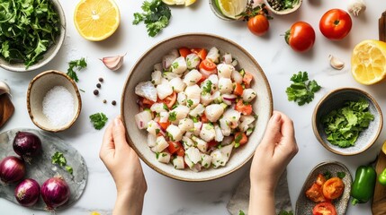 Hands hold fresh ceviche bowl, kitchen ingredients surround, overhead shot, food blog use