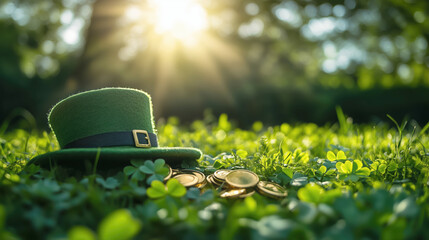 Green Felt Hat with Coins on Grass Under Sunlight in Nature Scene