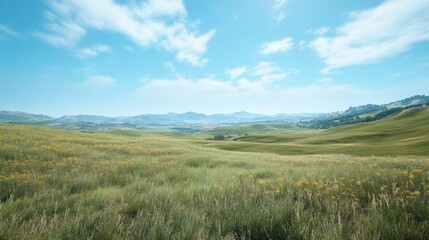 Naklejka premium Rolling hills, wildflowers, sunny day, distant mountains, peaceful landscape