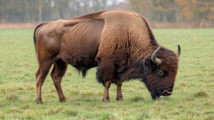European bison grazing pasture autumn woodland conservation