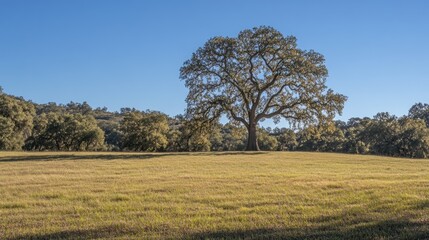 Fototapeta premium Solitary oak tree in autumn field, hills background, nature landscape, idyllic scene