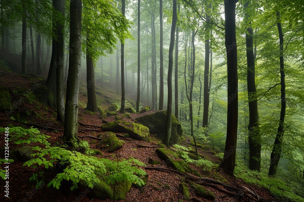 Poster mysterious deep forest landscape enveloped in thick mist creating an atmosphere of peace and solitud