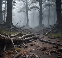 Dark wooden forest floor with fallen tree branches and misty atmosphere, natural landscape, mist, tree branches