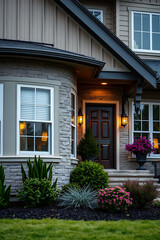 Obraz premium Luxury Home Exterior at Night: Modern Architecture, Landscaping, and Garden Design