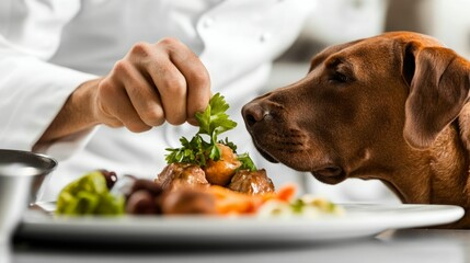 Chef prepares a gourmet meal, while a curious dog waits patiently nearby.