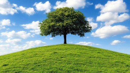 Obraz premium Lone tree hill, sunny sky, green grass, idyllic landscape, nature website