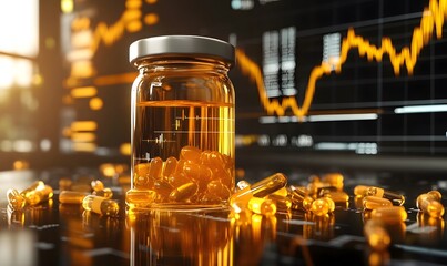 Pharmaceutical investment, capsules, stock market graph