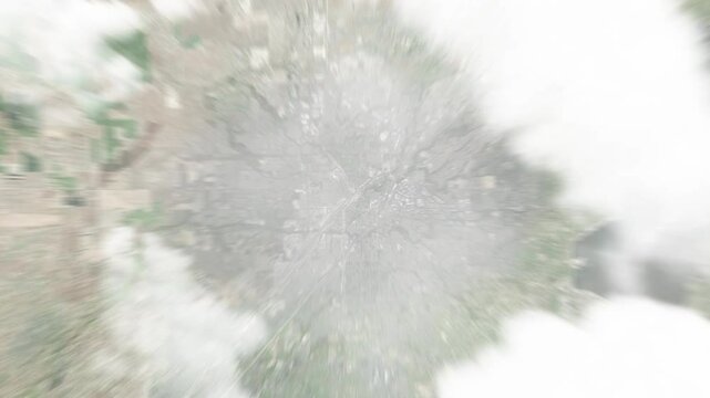 Earth zoom in from space to Roseville, California, USA. Followed by zoom out through clouds and atmosphere into space. Satellite view. Travel intro. Images from NASA