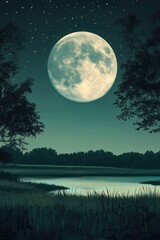 Naklejka premium Raw style illustration of moonlit countryside in silver and black
