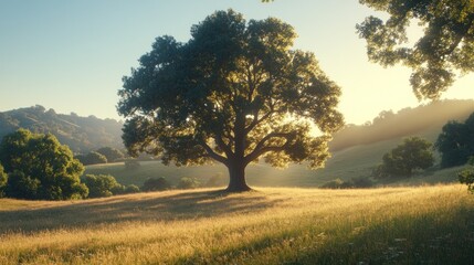Obraz premium Sunrise illuminates solitary oak tree in idyllic meadow, hills background; nature serenity