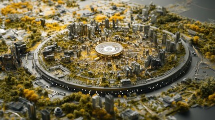Futuristic city model, aerial view, circular design, autumnal foliage, tech concept