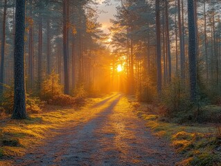 Obraz premium Golden sun rays illuminate a forest path with tall trees creating a beautiful light