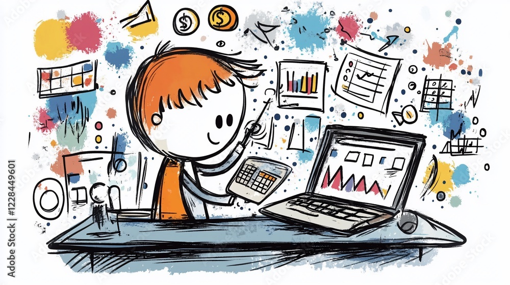 Poster a cartoon person using a calculator and a laptop with data and financial icons around