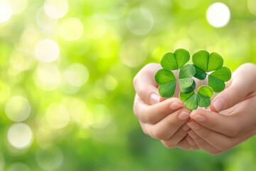 Hands holding a lucky four leaf clover on a bright green background