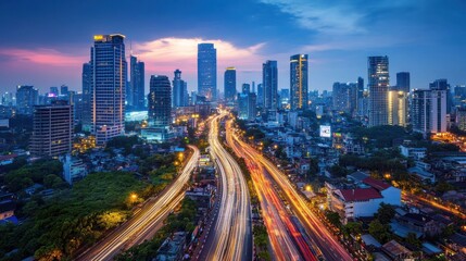 Fototapeta premium Cityscape twilight highway traffic sunset urban Asia