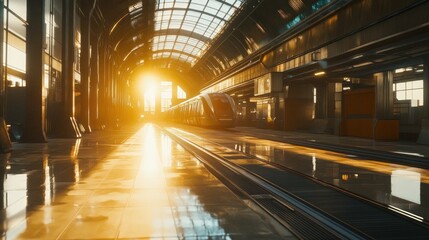 Train arriving at modern station platform, sunrise, urban transport