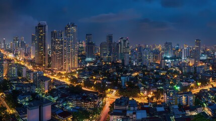 Obraz premium Night cityscape panorama, highway traffic, urban sprawl, twilight sky, Asian city