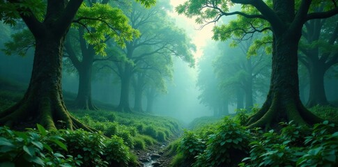 Fototapeta premium Dense forest canopy with misty atmosphere, trees, blue sky
