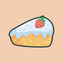 cake with vanilla cream and strawberry fruit in outline flat vector design.