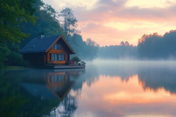 Fototapeta premium Lake house surrounded by trees at sunrise with misty reflections