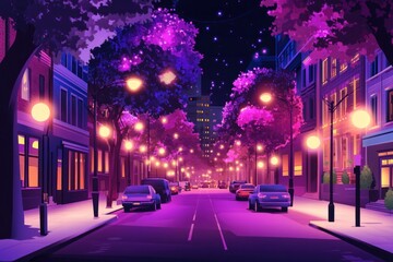 Vibrant neonlit city street in purple and pink colors