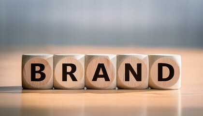 ブランドを意味する英単語のBRANDの文字が書かれた木製のキューブブロックが横に並んでいる。aiで生成	