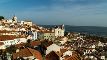 View of skyline of Lisbon shot from the famous Jardim do Torel view point in Lisbon, Portugal