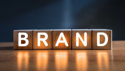 Obraz premium ブランドを意味する英単語のBRANDの文字が書かれた木製のキューブブロックが横に並んでいる。aiで生成 