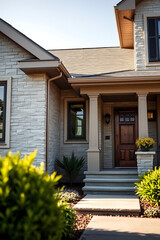 Obraz premium Luxury Home Exterior: Modern Stone Facade and Landscaped Entrance