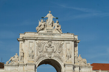 Statues on the Rua Augusta Arch in Lisbon, Portugal
