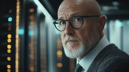 Focused Male IT Specialist in Dimly Lit Server Room