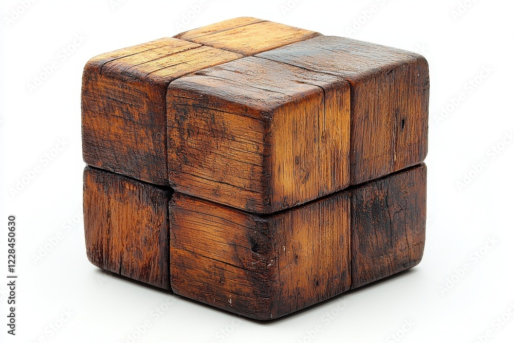 Poster a wooden puzzle cube with a rustic finish, designed for brain-teasing fun.