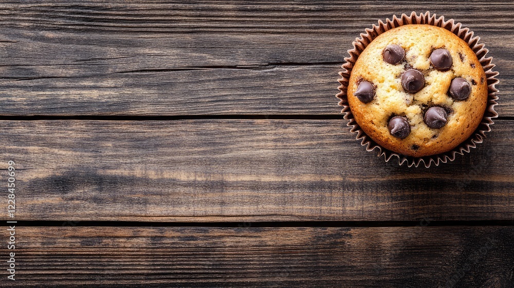 Poster a muffin with visible chocolate chips, placed on a simple wooden table with blank copy space.