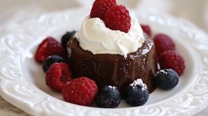 A plate of French mousse au chocolat, topped with whipped cream and fresh berries, with clean space for text around it.