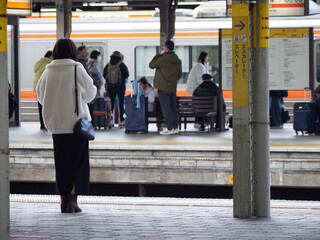冬の駅のホームで電車待ちの若い女性と人々の姿