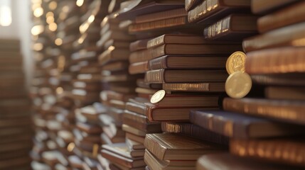 Golden Coins Amidst a Towering Wall of Antique Books