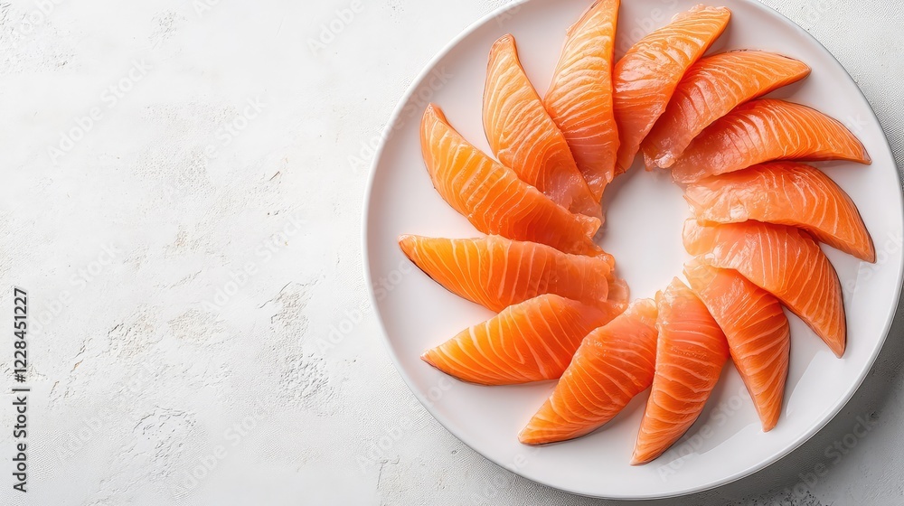 Poster a pristine white plate with fresh sashimi arranged neatly in a circle, leaving plenty of empty space