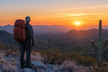 Fototapeta premium Hiker with backpack admiring sunrise over a desert landscape
