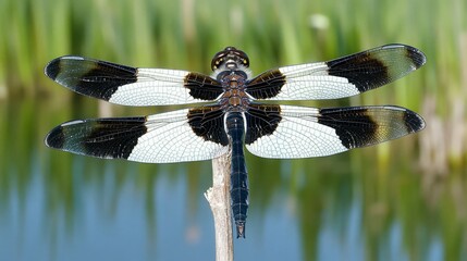 A striking black and white dragonfly perches on a slender twig, its wings spread wide against a soft green and blue background.
