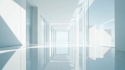 Fototapeta premium Modern white hallway, sunlight, glass walls, reflections, architecture, design, interior, bright, spacious, minimalist