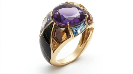 Gold ring, multi-gemstone, studio shot, white background, jewelry advertising